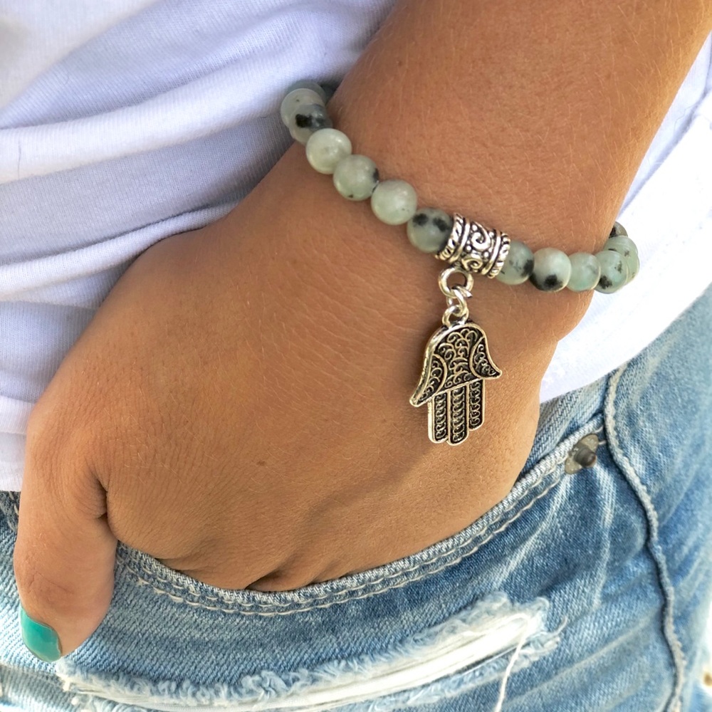 Dalmatian Jasper Hamsa Bracelet